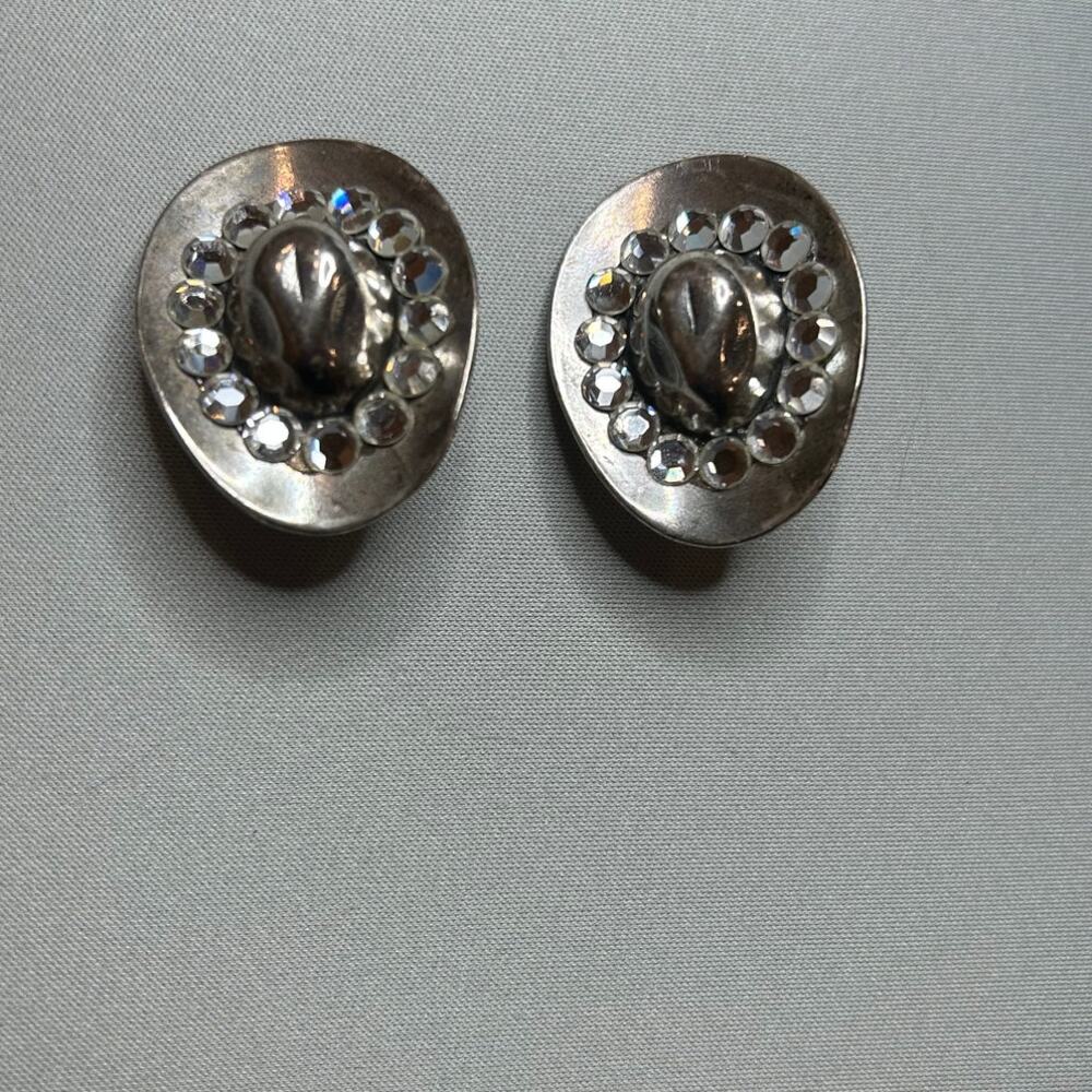 Cowboy Hat silver tone rhinestone adorned clip on earrings